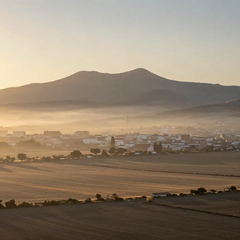Niebla al amanecer sobre la sierra y campos secos al norte de Madrid.