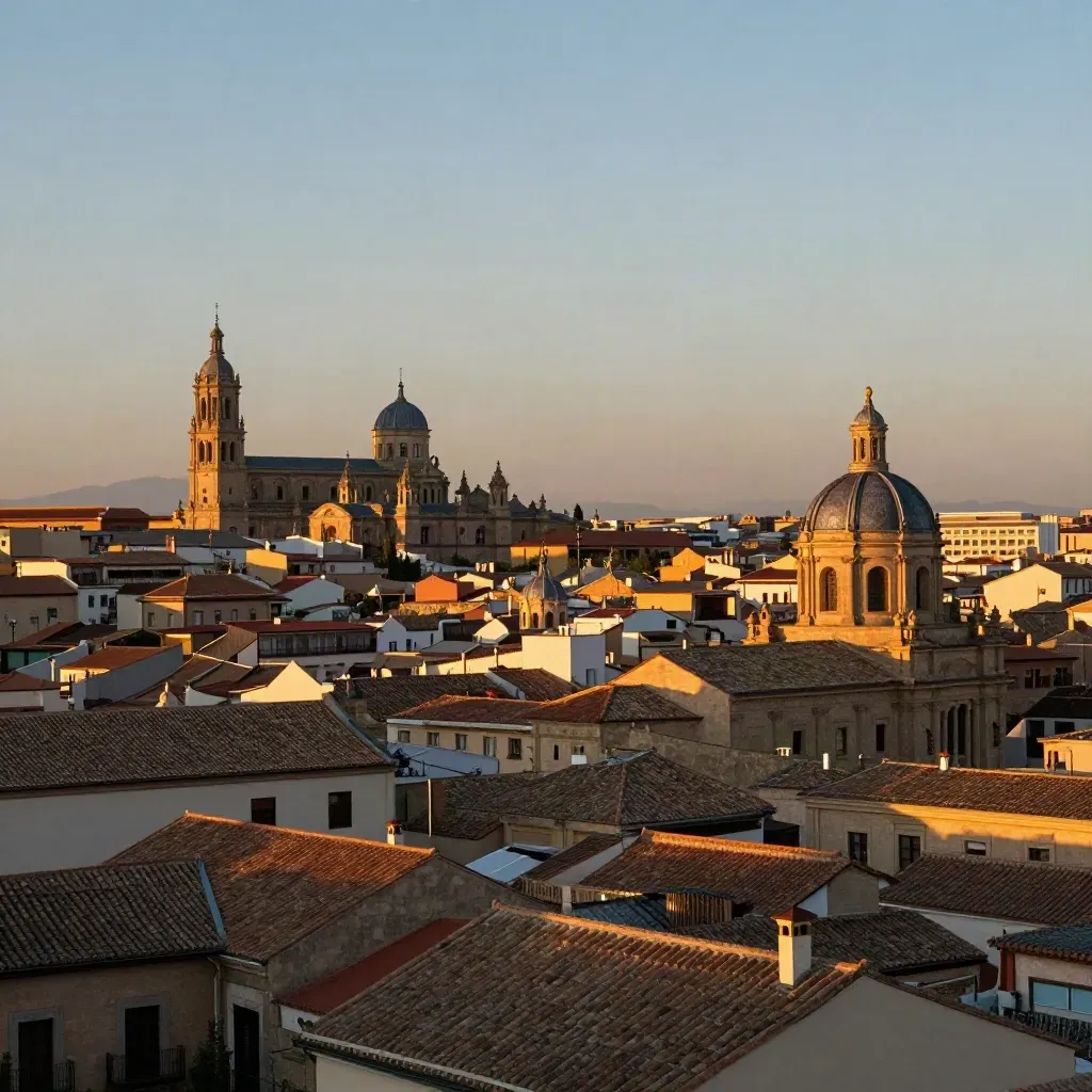 Vista de azoteas de Salamanca y Chamberí al atardecer dorado, con cúpulas y niebla seca.